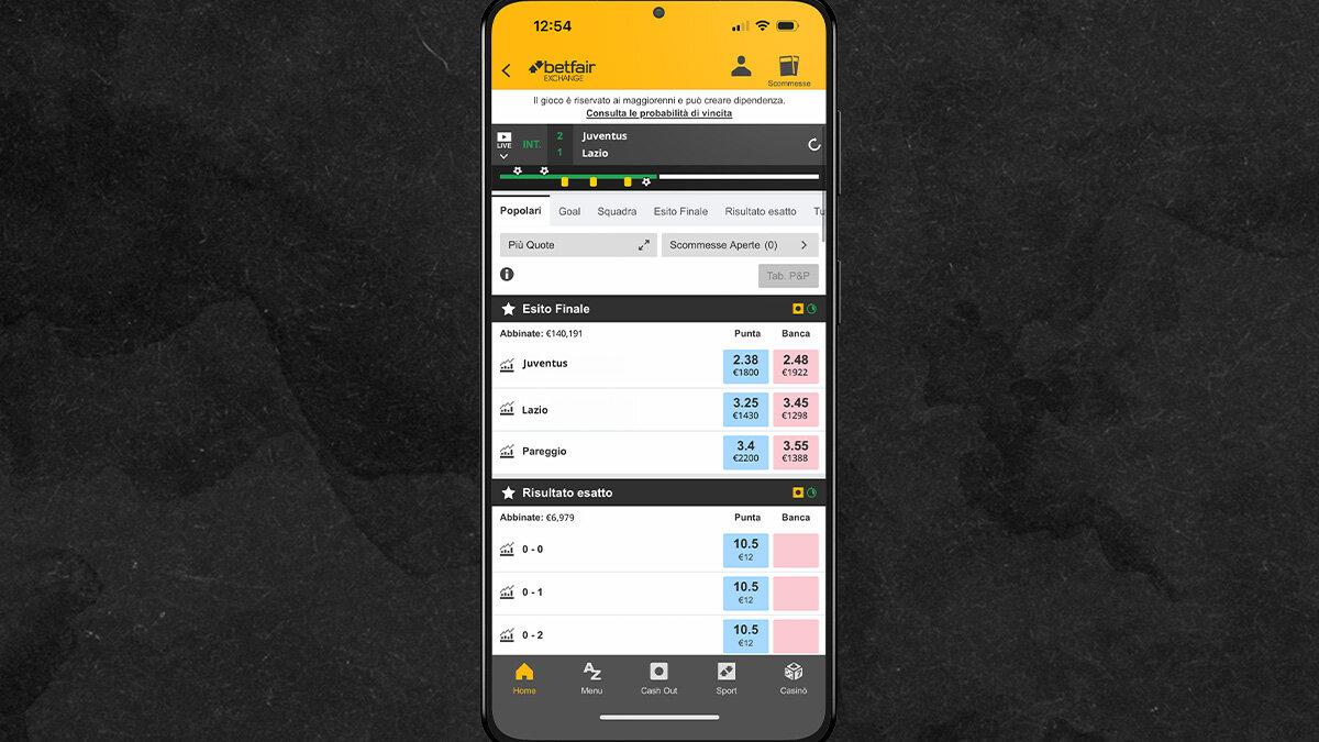 Schermata Betting Exchange nella App di Betfair