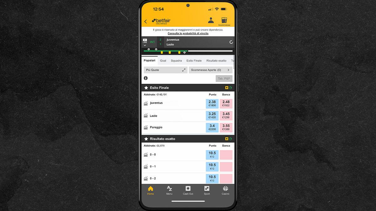 Come si presenta la sezione scommesse nella app di Betfair Exchange